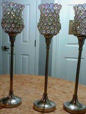Bling Silvertone And Iridescent Stone Votive Candle Holders - Set of 3